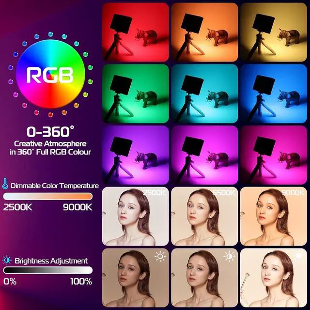 Alt view image 2 of 7 - DeuninkerLT002 RGB Video Light, Portable LED Camera Light Panel 0-360 Full Color, CRI 95+ 2500-9000K LED Video Light, 4000mAh Rechargeable LED DSLR Lighting for Vlogging, Photography, Video Recording