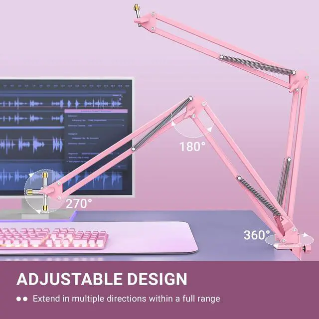 Alt view image 4 of 6 - Deuninker Boom Arm Mic Stand, Microphone Arm with Desk Mount for Podcast Streaming Gaming Home Studio, Metal Suspension Scissor Boom Mic Stand-CS1 Pink