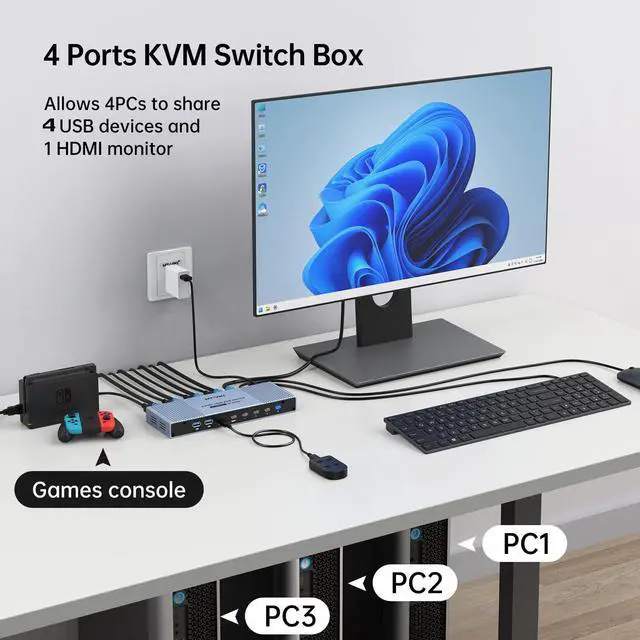 Alt view image 2 of 5 - MT-VIKI 4K@120Hz/144Hz USB 3.0 HDMI KVM Switch 4 Port 8K@60Hz, Aluminum KVM Switch HDMI 2.1, HDR for Games (4 USB 3.0 Cable Included)