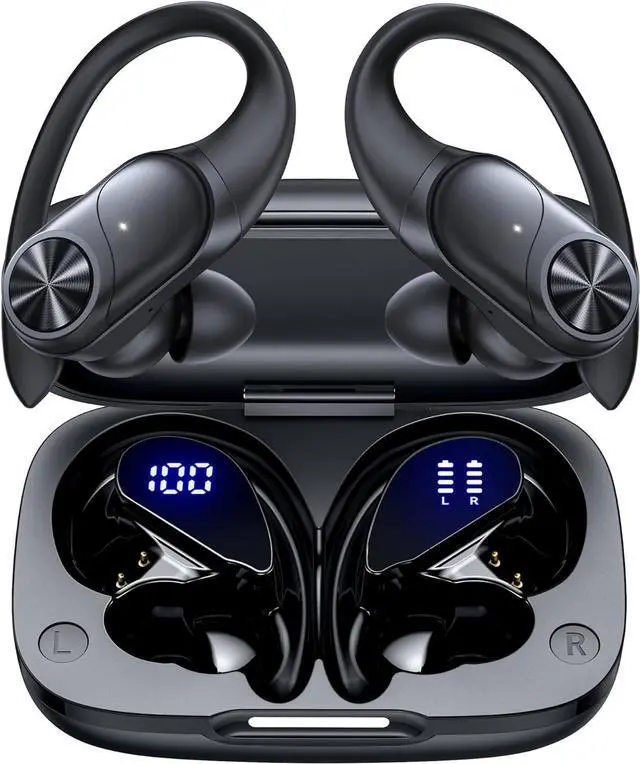 Main image of Bluetooth Headphones Wireless Earbuds 80hrs Playtime Wireless Charging Case Digital Display Sports Ear buds with Earhook Premium Deep Bass IPX7 Waterproof Over-Ear Earphones for TV Phone Laptop Black
