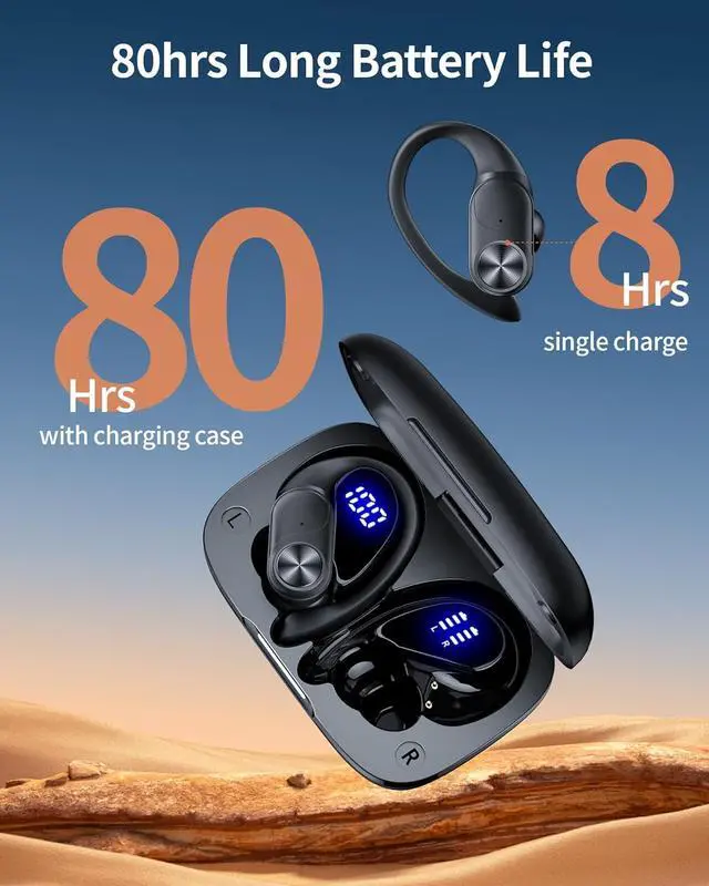 Alt view image 2 of 6 - Bluetooth Headphones Wireless Earbuds 80hrs Playtime Wireless Charging Case Digital Display Sports Ear buds with Earhook Premium Deep Bass IPX7 Waterproof Over-Ear Earphones for TV Phone Laptop Black