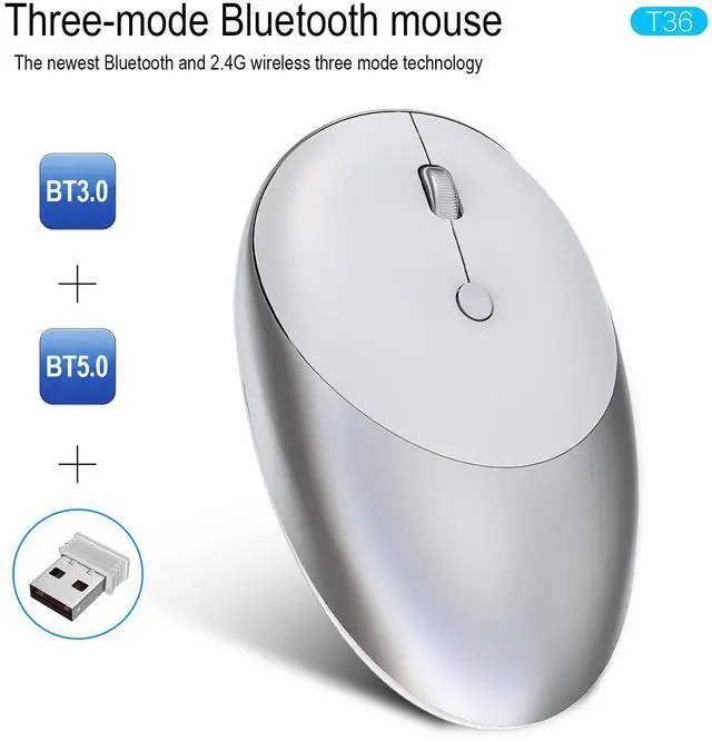 Main image of HXSJ T36 Bluetooth 5.0/3.0 Wireless Mouse Three Mode Bluetooth USB Wireless Mouse Silent Mice for Laptop Mac Rechargeable Mouse (Silver)