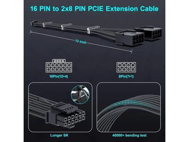 Alt view image 5 of 7 - Bangfun PCIE 5.0 RTX 4070Ti 16Pin GPU Power Extension Cable, PCI-e 5.0 12VHPWR GPU Cable Adapter 16Pin(12+4) Male to 2X8Pin Female Extension Cord Designed for Geforce RTX 4070 4070 Super-13Inch Black