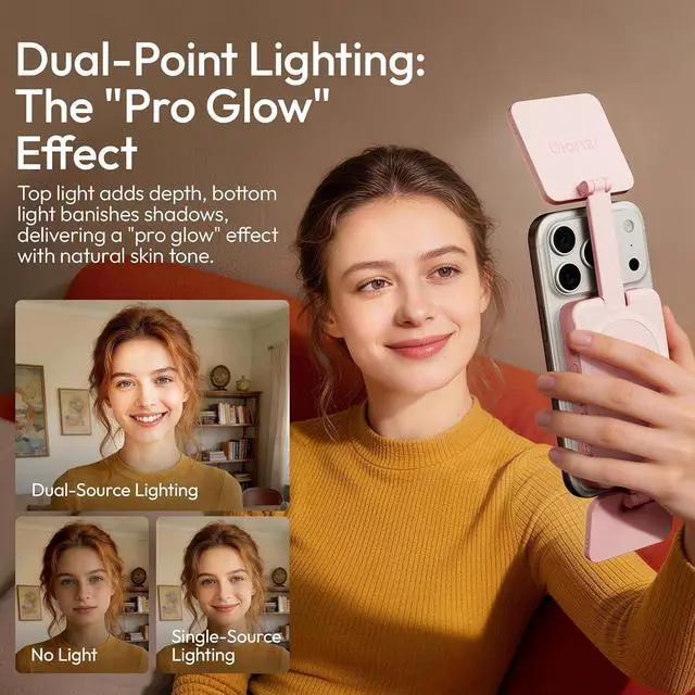 Alt view image 3 of 6 - Deuninker GL01 Magnetic Selfie Light for Phone Top & Bottom Dual LED Fill Lights with Extendable Rod Dimmable 2500K-6500K Portable Video Vlog Light for iPhone 17 Pro Size & Below Not for Pro Max Pink