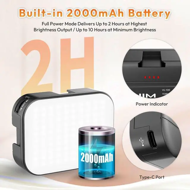 Alt view image 4 of 7 - Deuninker VL100X Selfie Light, Clip LED Light Panel for Phone/Laptop/Tablet/Computer, Bi-Color Portable Clip Camera Light with Dimmable 2500-6500K with 2000mAh Battery for Video Conference/Picture