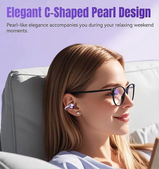 Alt view image 7 of 10 - Purple Clip-On Open Ear Earbuds, Bluetooth 5.4, 50H Play, ENC Noise Cancelling, IPX5 Waterproof