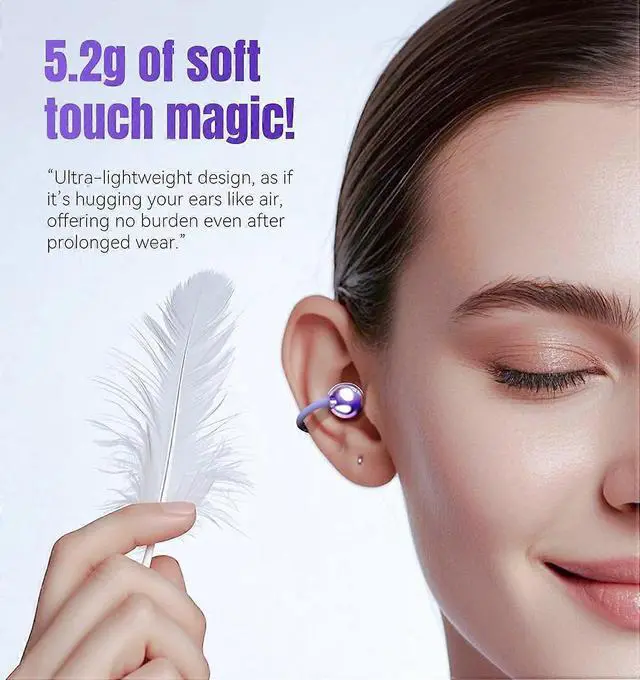 Alt view image 8 of 10 - Purple Clip-On Open Ear Earbuds, Bluetooth 5.4, 50H Play, ENC Noise Cancelling, IPX5 Waterproof