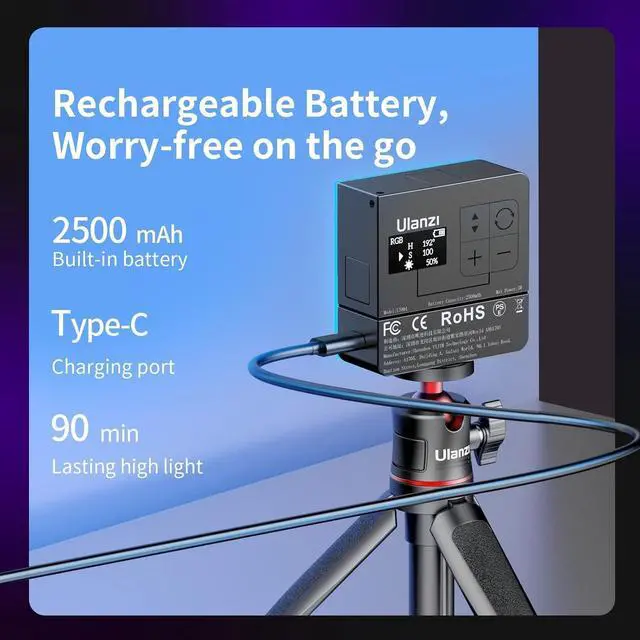 Alt view image 3 of 7 - Deuninker VL49 Pro RGB Video Light, Mini Rechargeable LED Camera 360° Full Color Portable,2500-9000K Dimmable LED Panel Lamp w LCD Display,Photography Lighting Support Magnetic Attraction