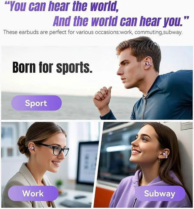 Alt view image 10 of 10 - Purple Clip-On Open Ear Earbuds, Bluetooth 5.4, 50H Play, ENC Noise Cancelling, IPX5 Waterproof