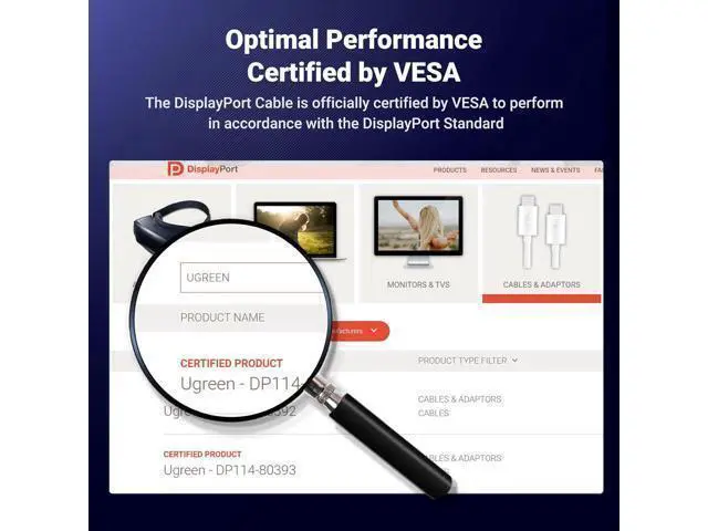 Alt view image 2 of 7 - UGREEN VESA Certified 8K DisplayPort Cable 6.6FT, DP 1.4 Displayport to Displayport Cable Support 8K@60Hz, 4K@240Hz, FreeSync, G-Sync, HDR, 32.4Gbps for HDTVs, Displays, Monitors, Graphics, PC