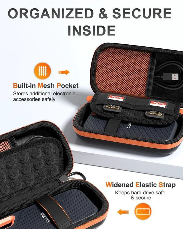 Alt view image 12 of 14 - Hard Carrying Case for SanDisk Extreme/SanDisk Extreme Pro Portable External SSD, 500GB 1TB 2TB 4TB 8TB USB-C Solid State Drive, EVA Shockproof Travel Case with 2 SD Card Slots -OrangeBlack