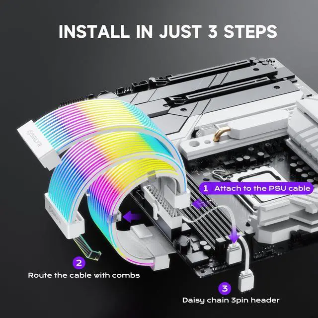 Alt view image 11 of 14 - RGB LED Strips for PSU Cables - Flexible ARGB Lighting Sleeves,Manage/Cover 8 pin PCIE/12VHPWR GPU,24 Pin ATX Power Supply Cable and Extensions,Decor PC Case,5V 3Pin SYNC