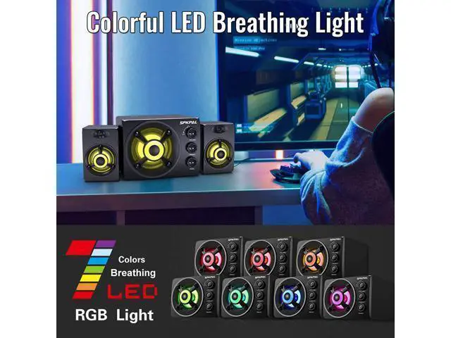 Alt view image 5 of 7 - Computer Speaker with Subwoofer USB-Powered 2.1 Multimedia Speakers System,3.5mm Aux Input with LED Atmosphere Light Stereo Wired Desktop Speaker for Gaming PC,Laptops,Tablets