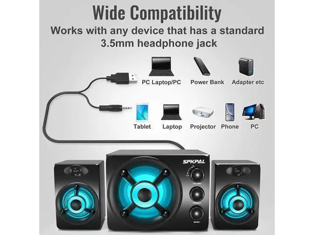 Alt view image 6 of 7 - Computer Speaker with Subwoofer USB-Powered 2.1 Multimedia Speakers System,3.5mm Aux Input with LED Atmosphere Light Stereo Wired Desktop Speaker for Gaming PC,Laptops,Tablets