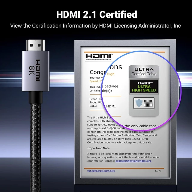 Alt view image 2 of 7 - UGREEN 8K HDMI 2.1 Cable 48Gbps , Certified Ultra High Speed HDMI Cord Aluminum, 4K@240Hz 120Hz 10K 8K@60Hz, HDCP 2.2&2.3, eARC HDR 10 Dolby 33FT