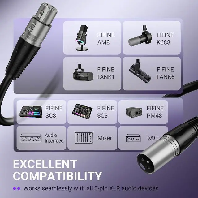 Alt view image 2 of 5 - Deuninker XLR Microphone Cable, 5.9ft Male to Female Mic Cord for Studio Recording, Balanced 3-Pin Cable Compatible with XLR Microphone for Podcast Streaming AM8, K688-L9C