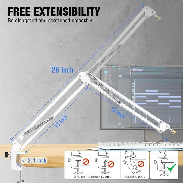 Alt view image 3 of 6 - Deuninker Microphone Boom Arm Kit, Metal Suspension Boom Arm Stand with 3/8" to 5/8" Adapter and 10ft Balanced XLR Cable Bundle for Podcasting, Recording & Gaming-CS1W+L9W