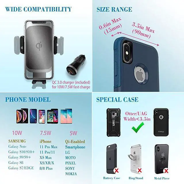 Alt view image 4 of 7 - Wireless Charger Car Mount for iPhone 11ProMax iPhone SE XSX Note 10Plus Note 9 S10+S10 Fast Charging Auto Clamp Qi Phone Holder for VentWindshieldDashboard by QC Adaptor Included