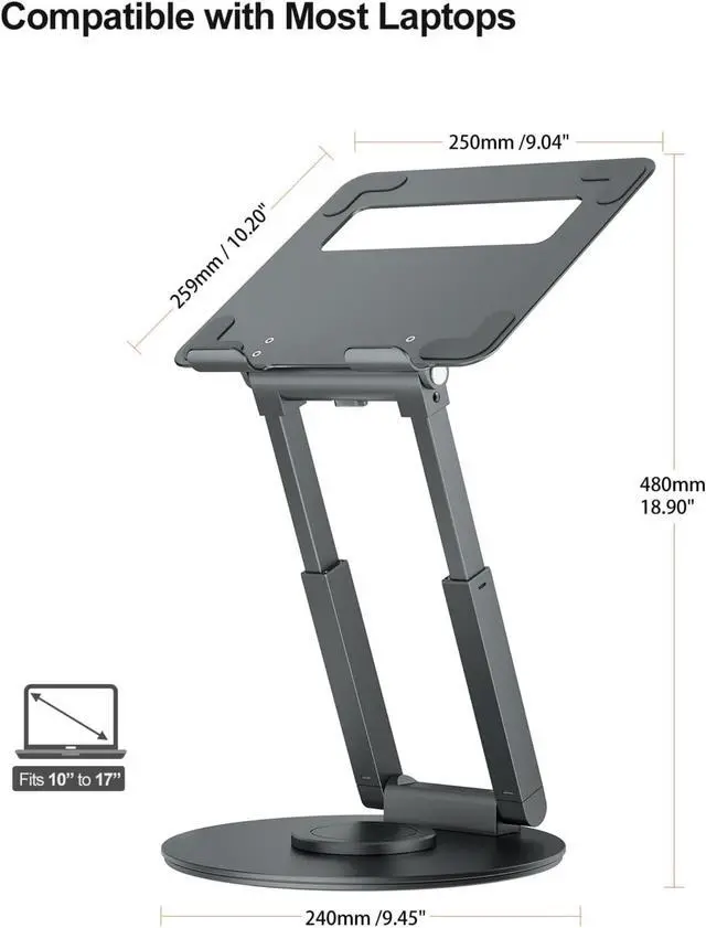 Alt view image 4 of 7 - Telescopic Laptop Stand for Desk with 360° Swivel Base, Sit to Stand, Height Adjustable, Portable Riser Holder for Good Posture, Compatible with MacBook Pro, All Laptops 10-17"-Gray
