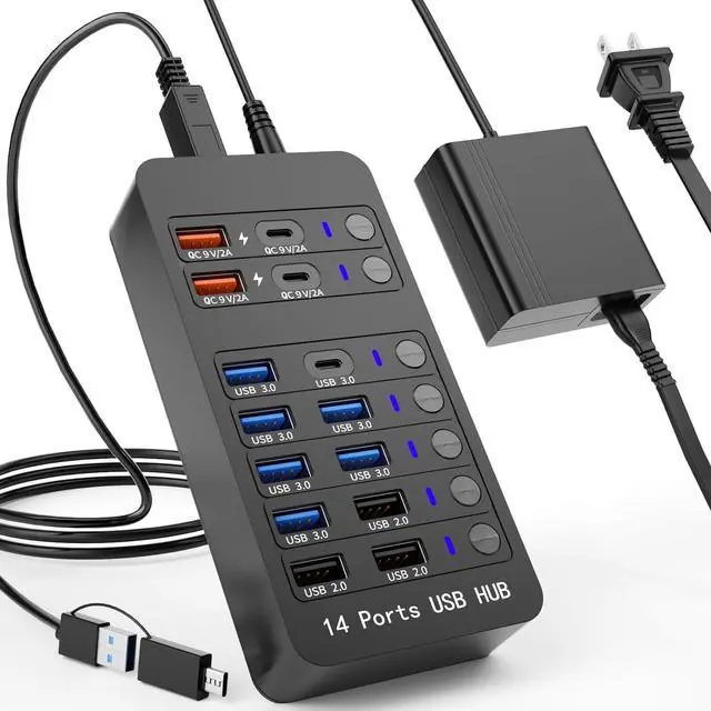 Main image of DIXSG 14-Port Powered USB Hub with Individual Switches, 10 High-Speed Data Ports + 4 Smart Charging Ports, USB Splitter with LED Indicators for PC/Laptop/Desktop