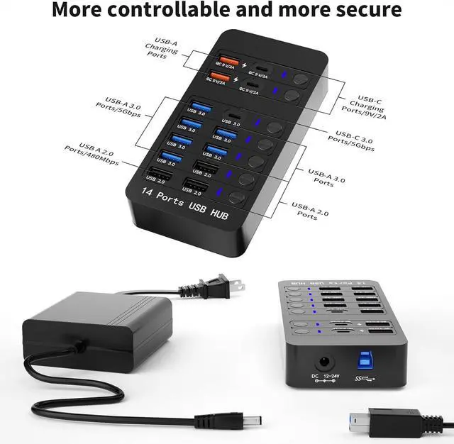 Alt view image 2 of 7 - DIXSG 14-Port Powered USB Hub with Individual Switches, 10 High-Speed Data Ports + 4 Smart Charging Ports, USB Splitter with LED Indicators for PC/Laptop/Desktop