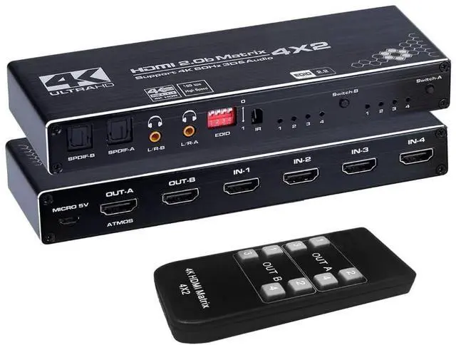 Main image of HDMI Matrix 4x2, 4K@60Hz HDMI Matrix Switch 4 in 2 Out with EDID Extractor and IR Remote Control, Support HDMI 2.0b, HDCP2.2, HDR10, Ultra HD, 3D