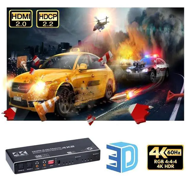 Alt view image 5 of 5 - HDMI Matrix 4x2, 4K@60Hz HDMI Matrix Switch 4 in 2 Out with EDID Extractor and IR Remote Control, Support HDMI 2.0b, HDCP2.2, HDR10, Ultra HD, 3D