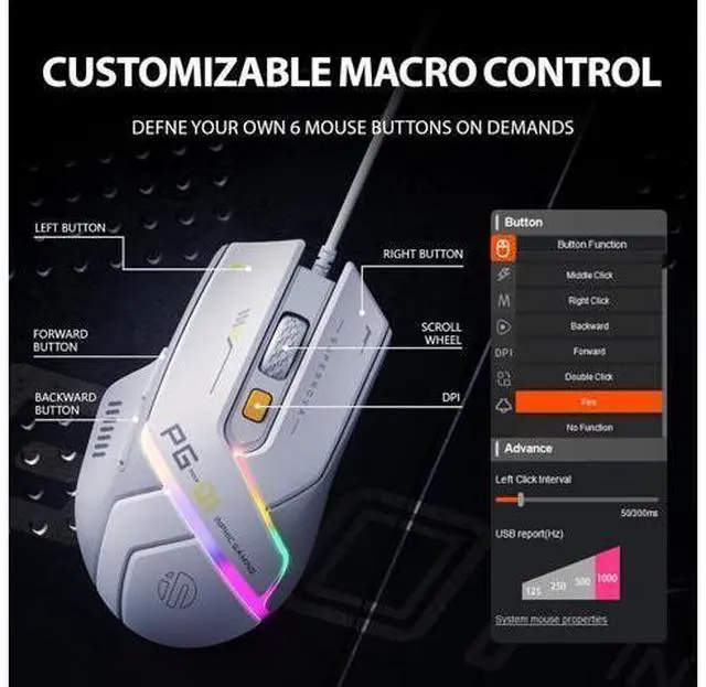 Alt view image 5 of 7 - INPHIC Wired Computer Gaming Mouse Ergonomic, 12800 DPI High-Precision, 6 Programmable Buttons, RGB Backlit for Gaming - White Gray