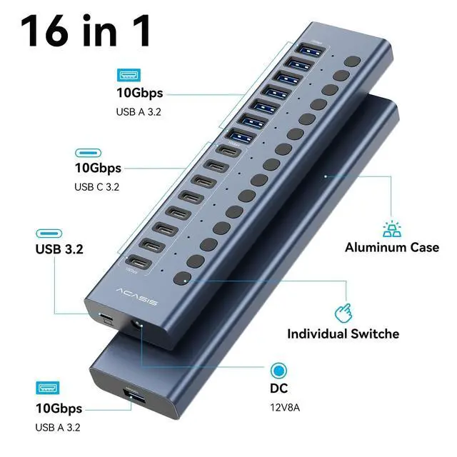 Alt view image 2 of 5 - Powered USB 3.2 Hub, ACASIS 16 Ports USB 3.2 Hub(8 USB-A 3.2 Ports+8 USB-C 3.2 Ports), Aluminum USB Hub Powered with 96W Power Adapter, USB Hub for PC/Laptop, Computer, Flash Drive, Printer, Camera