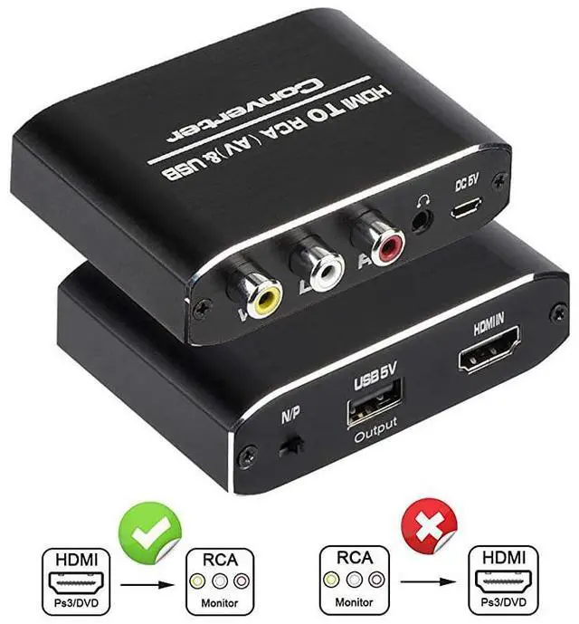 Main image of to RCA Converter, 1080P to AV 3RCA CVBs Composite Video 3.5mm Aux Audio Adapter Supports PAL/NTSC for TV Stick, PS3, PC, Laptop, Xbox, HDTV, DVD (Black,Aluminum Alloy Material)