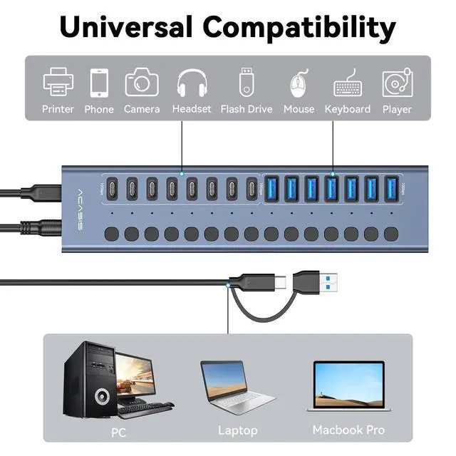 Alt view image 5 of 5 - Powered USB 3.2 Hub, ACASIS 16 Ports USB 3.2 Hub(8 USB-A 3.2 Ports+8 USB-C 3.2 Ports), Aluminum USB Hub Powered with 96W Power Adapter, USB Hub for PC/Laptop, Computer, Flash Drive, Printer, Camera