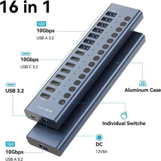 Alt view image 2 of 7 - Powered USB 3.2 Hub, ACASIS 16 Ports USB 3.2 Hub(8 USB-A 3.2 Ports+8 USB-C 3.2 Ports), Aluminum USB Hub Powered with 96W Power Adapter, USB Hub for PC/Laptop, Computer, Flash Drive, Printer, Camera