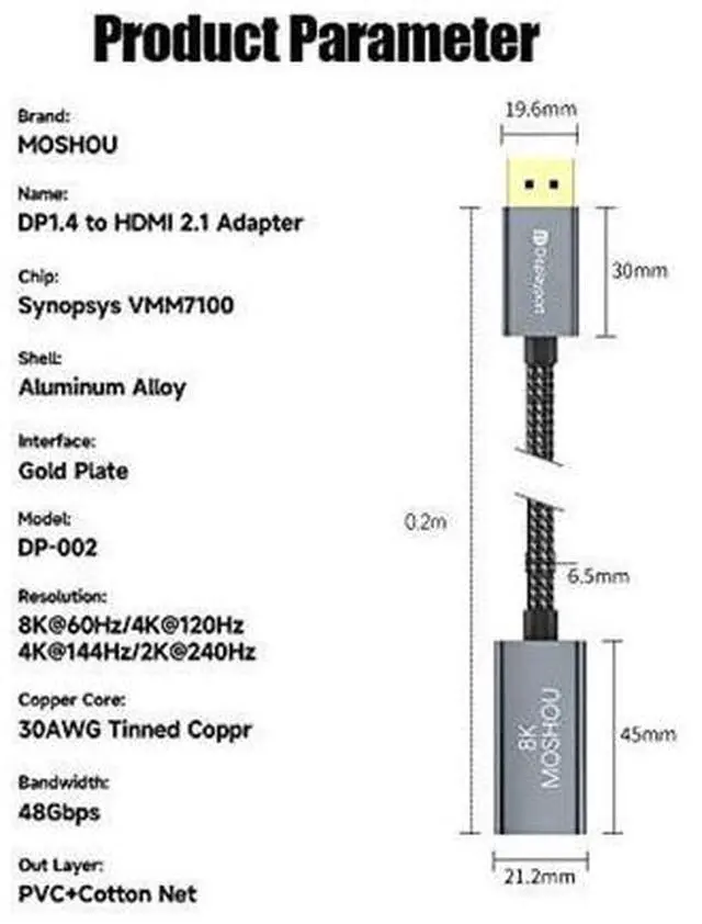 Alt view image 4 of 4 - DisplayPort 1.4 to HDMI 2.1 HDR Active Adapter,Support 4k@120Hz,8K@60Hz,HDR,Uni-Directional Display Port 1.4 to HDMI 8K Converter,Support for RTX3080/3090,RX6800/6900 and More