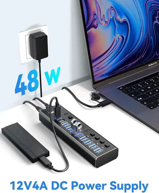 Alt view image 4 of 7 - Powered USB Hub 3.2, LEINSIS 10-Port USB 3.2/USB C Hub (10Gbps USB-A 3.2 +2 USB-C 3.2 +7 USB 3.0 Ports) with Individual On/Off Switches and 12V Power Adapter, Aluminum USB Hub Powered for Laptop PC