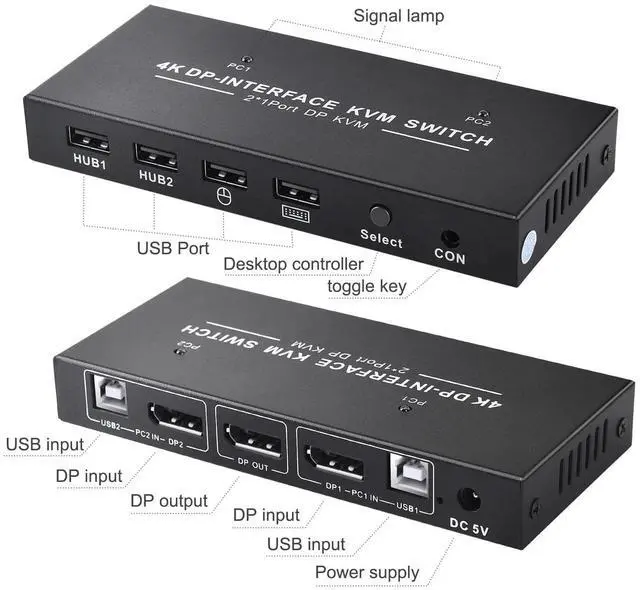 Alt view image 10 of 14 - 2 Port Displayport KVM Switch 4K 60Hz USB DP KVM 2 in 1 out DP USB KVM Switch 2x1 For PC to share monitor mouse keyboard printer