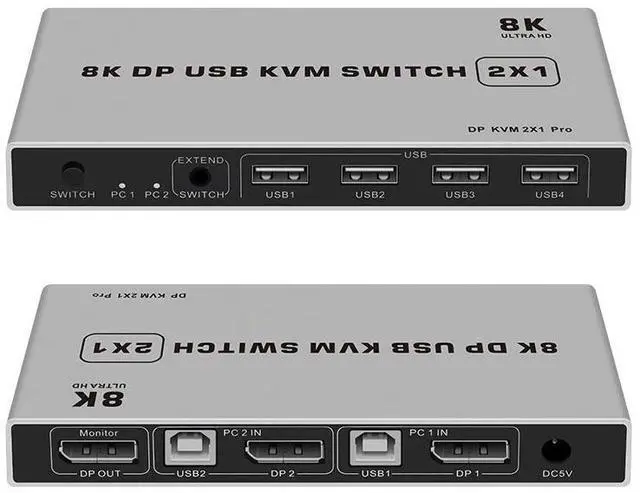 Alt view image 8 of 12 - 8K Dual-port DP USB KVM 2x1 Displayport KVM Switch 2 in 1 out 4K 60Hz 2-Port DP 1.4 USB KVM Switch Support Mouse Keyboad Printer(USB Power cable)
(8K)