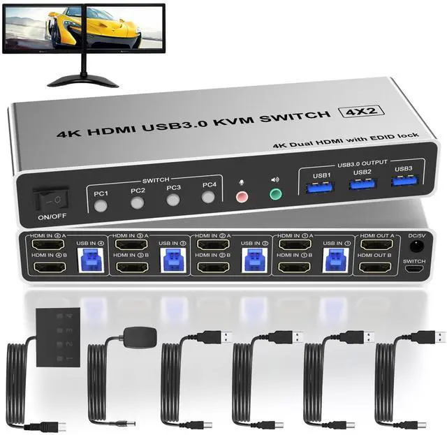 Main image of 4 Port USB 3.0 KVM Switch Dual Monitor HDMI 4K 60Hz, KVM Switch 2 Monitors for 4PCs Supports EDID, KVM Switch 4 Computers with Audio Microphone Output and 3 USB 3.0 Ports, 4 in 2 Out KVM