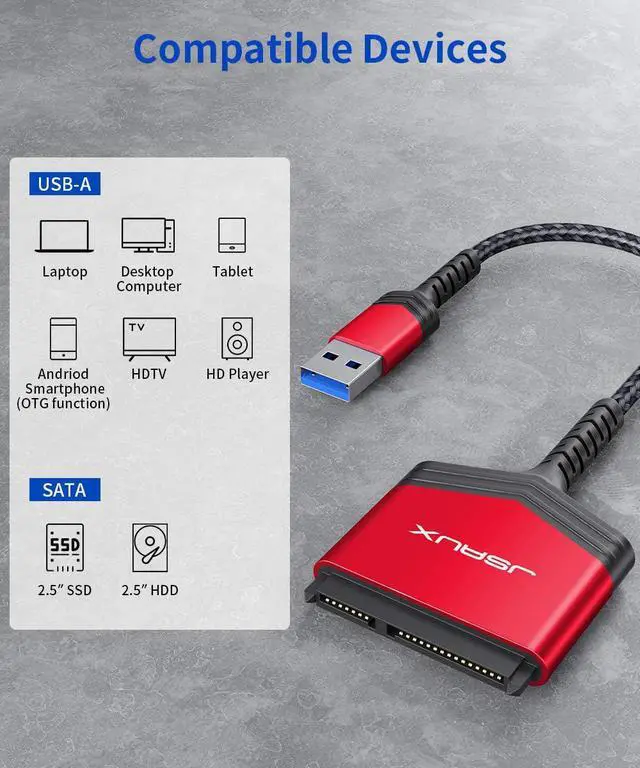 Alt view image 4 of 5 - SATA to USB A Cable, USB A 3.0 to 2.5 SATA III Hard Drive Adapter Aluminum Shell Nylon Cord External Converter for SSD/HDD Data Transfer-Red