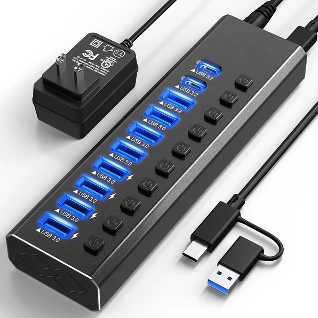 Alt view image 8 of 14 - 10-Port Powered USB Hub 3.2 10Gbps USB-A 3.2 + 2 USB-C 3.2 + 7 USB 3.0 Ports with Individual Switches & 12V Adapter for Laptop, MacBook, PC, Gaming.