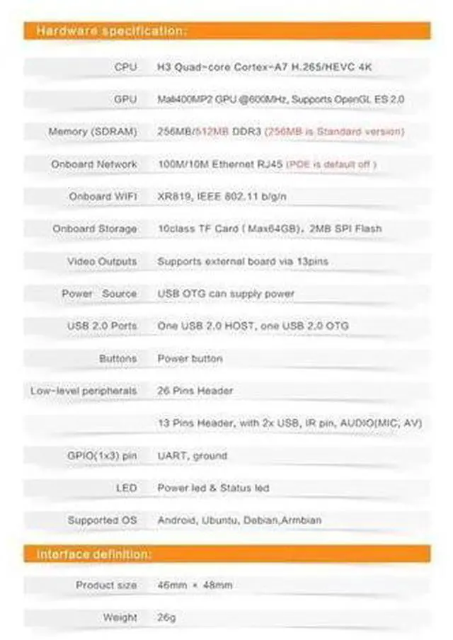 Alt view image 5 of 6 - 5X For Orange Pi Zero LTS 512MB H3 Quad-Core,Open-Source Single Board Computer, Run Android 4.4, Ubuntu, Debian Image