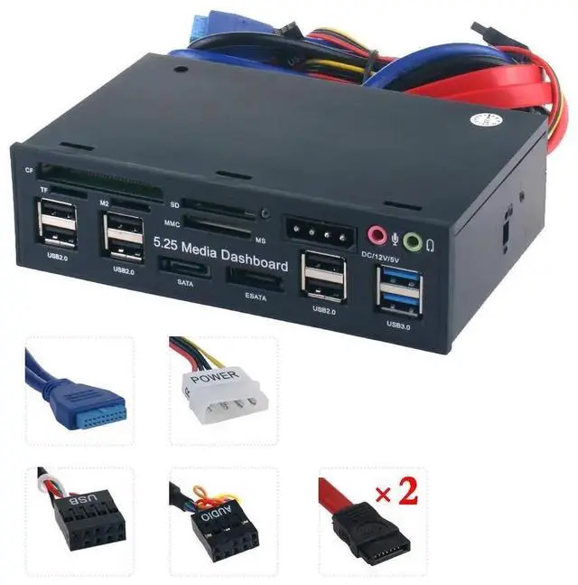 Alt view image 7 of 10 - 5.25 Inch PC Media Dashboard Front Panel Audio With SATA eSATA 2 x USB 3.0 And 6 x USB 2.0 Hub TF MMC M2 CF MS Card Reader