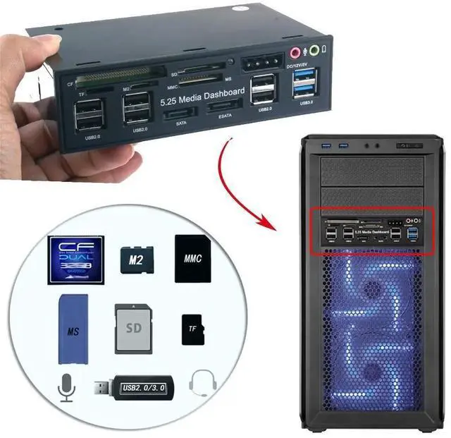 Alt view image 8 of 10 - 5.25 Inch PC Media Dashboard Front Panel Audio With SATA eSATA 2 x USB 3.0 And 6 x USB 2.0 Hub TF MMC M2 CF MS Card Reader