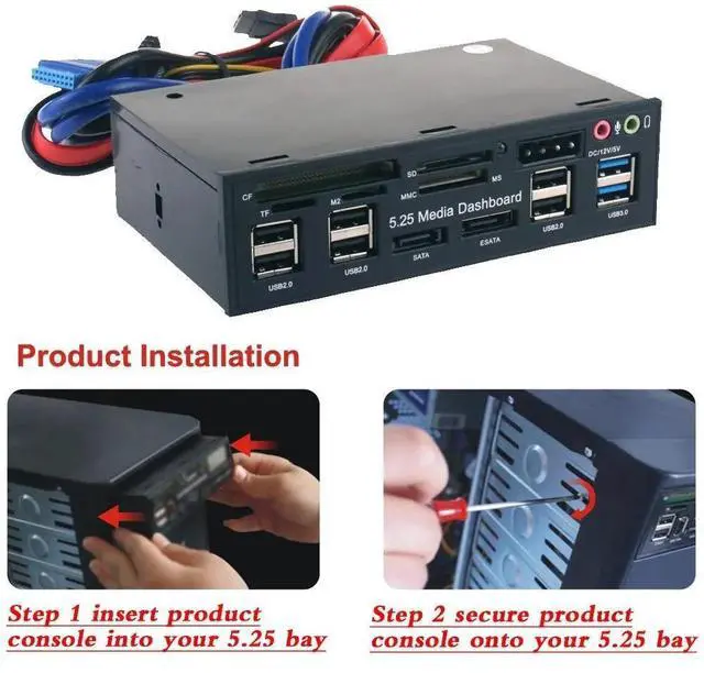 Alt view image 10 of 10 - 5.25 Inch PC Media Dashboard Front Panel Audio With SATA eSATA 2 x USB 3.0 And 6 x USB 2.0 Hub TF MMC M2 CF MS Card Reader