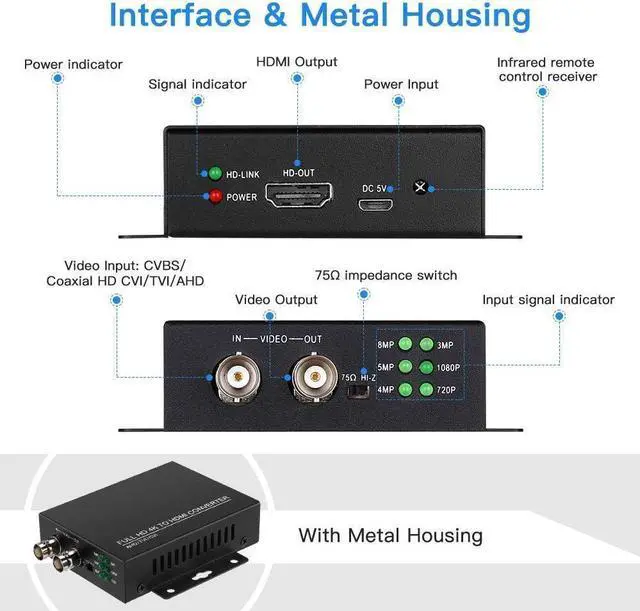 Alt view image 7 of 7 - TVI/CVI/AHD to HDMI Converter Adapter, Full HD 4K 720P/1080P/3MP/4MP/5MP/8MP BNC to HDMI Video Converter for Monitor HDTV DVRs, Convert TVI CVI AHD CVBS BNC Video Signal to HDMI