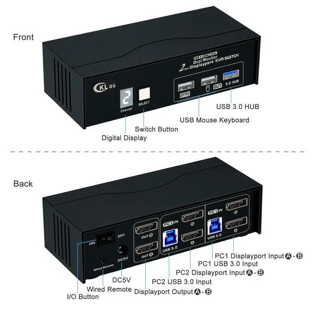 Alt view image 3 of 7 - CKLau 8K30Hz 4K144Hz Dual Monitor KVM Switch Displayport 1.4, 2 Port USB 3.0 DP KVM Switch 2 Monitors 2 Computers with Cables, Digital Display