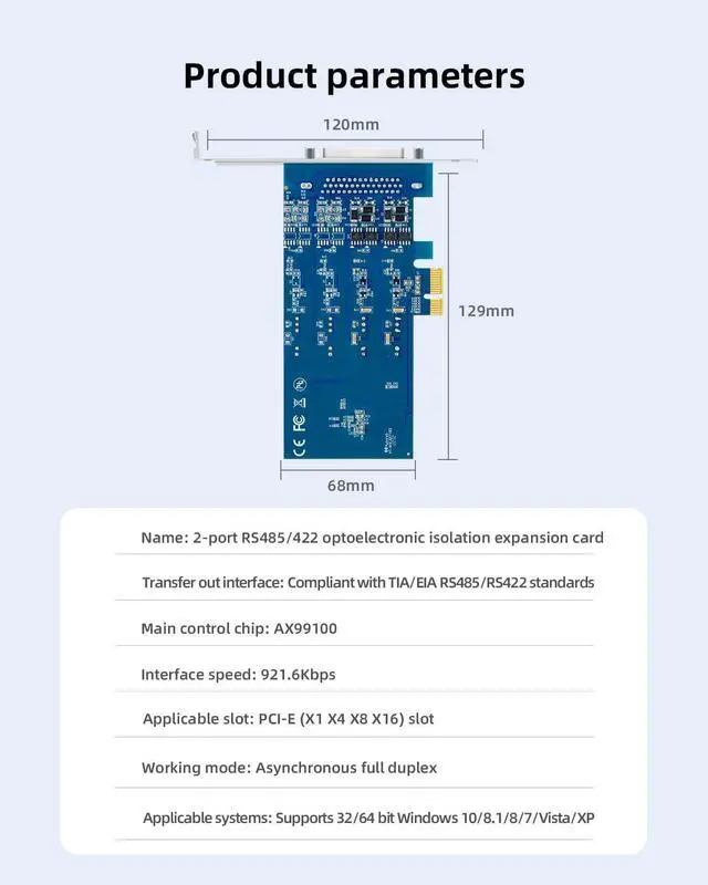 Alt view image 2 of 7 - Buaczo PCIe to Dual RS-485/422 Serial Port Card with 2500V Opto-Isolation, Anti-Surge/Lightning Protection & Terminal Block - DIN Rail Mountable for PLC, CNC, SCADA, Industrial Automation