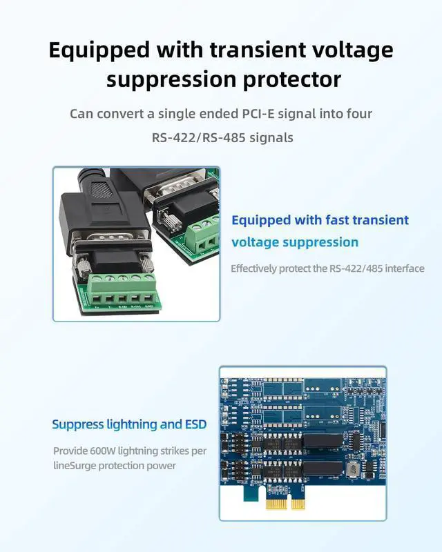 Alt view image 4 of 7 - Buaczo PCIe to Dual RS-485/422 Serial Port Card with 2500V Opto-Isolation, Anti-Surge/Lightning Protection & Terminal Block - DIN Rail Mountable for PLC, CNC, SCADA, Industrial Automation