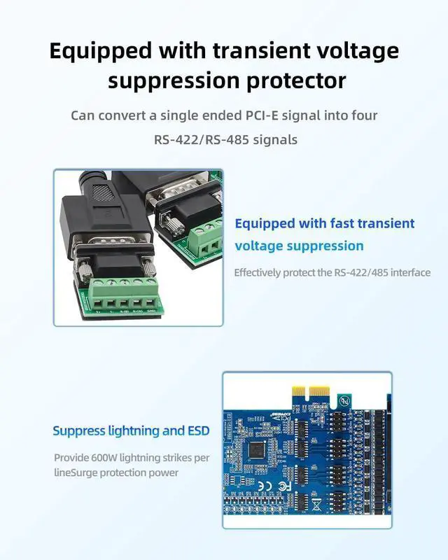 Alt view image 4 of 7 - PCIe to 4-Port RS-485/422 Serial Card, High-Speed 9-Pin DB9 COM Port Expansion with Surge/Lightning Protection, Voltage Suppression Terminal Blocks