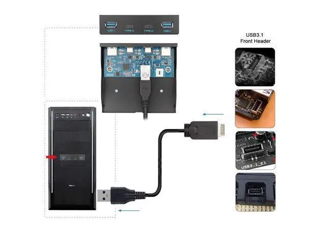 Alt view image 7 of 7 - Deuninker 4 Ports 2 USB C 2 USB 3.0 to USB 3.1 Type E Front Panel Header USB HUB Port Multiplier Expansion Adapter for 3.5" Floppy Bay
