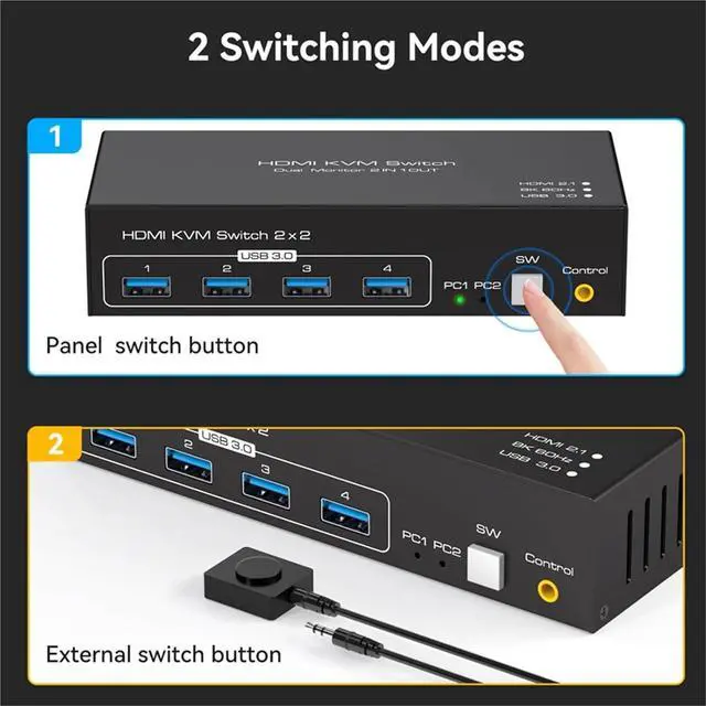 Alt view image 11 of 12 - Ennovor HDMI-Compatible KVM Switch 8K 60Hz 2 Port Dual 2 Monitors 2 Computers 4K 120Hz USB 3.0 KVM Switch KVM Switcher HDMI 2.1(UK Power Plug)